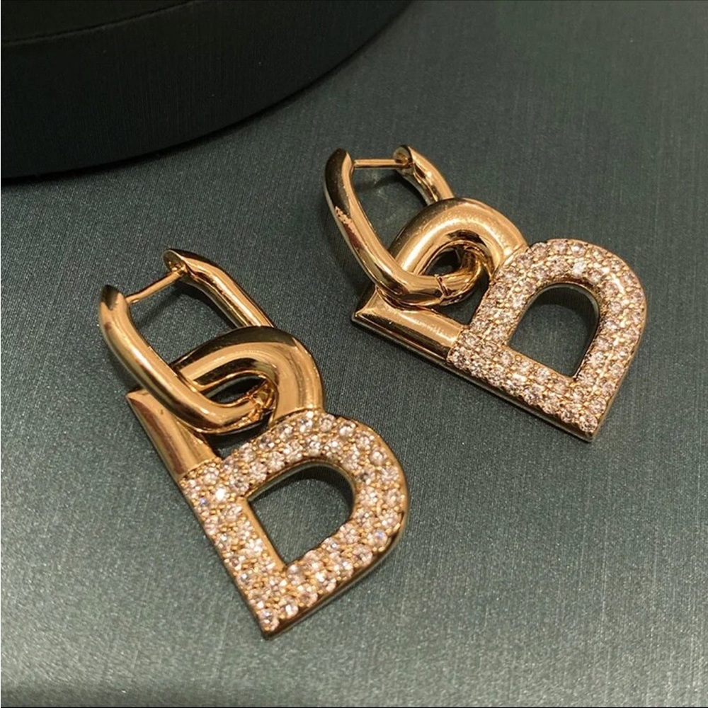 Gold Plated “B” Earrings with Rhinestones